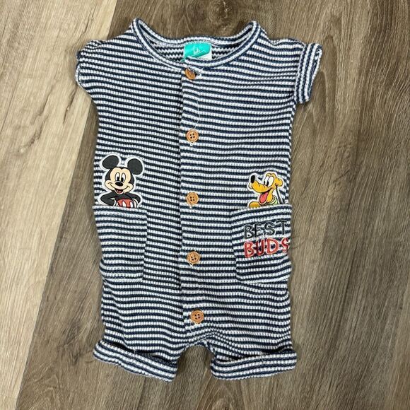 Disney Mickey Mouse Romper Baby Boys' Size NB Blue Stripe Button Front One Piece - Picture 1 of 8